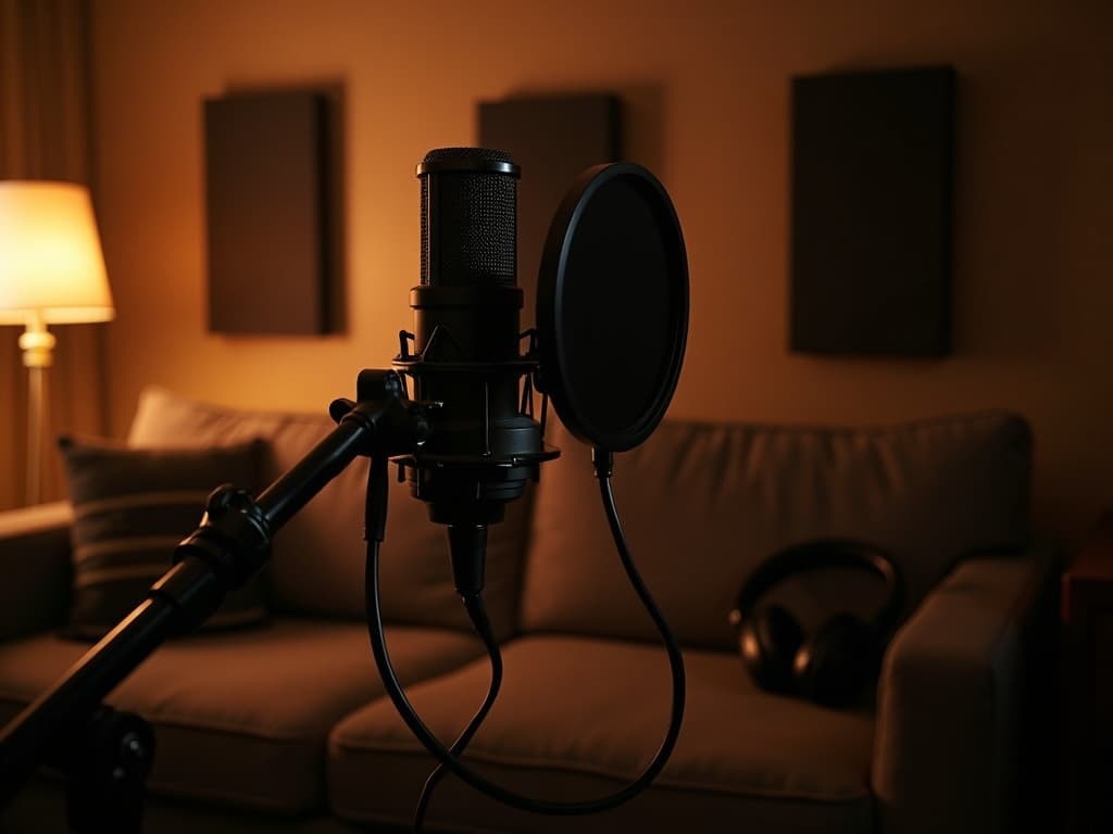 A large-diaphragm condenser microphone on a boom arm with a pop filter in a warm, acoustically treated home recording studio