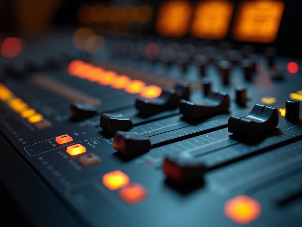 Close-up of a mixing console channel strip, rows of faders and rotary knobs lit by warm amber level meters